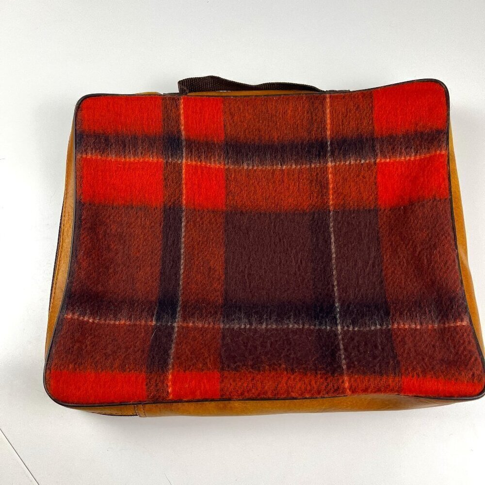 Vintage Seat cushion cover tan and plaided red (laptop pouch)